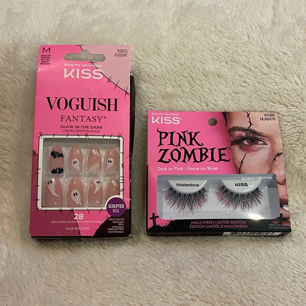 Lot of KISS Halloween-Themed Glow-in-the-Dark Fake Nails + Pink Zombie Eyelashes